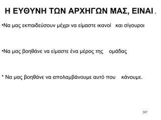 207
H ΕΥΘΥΝΗ ΤΩΝ ΑΡΧΗΓΩΝ ΜΑΣ, ΕIΝΑΙ .
•Να μας εκπαιδεύσουν μέχρι να είμαστε ικανοί και σίγουροι
•Να μας βοηθάνε να είμαστε ένα μέρος της ομάδας
* Να μας βοηθάνε να απολαμβάνουμε αυτό που κάνουμε.
 