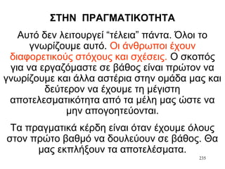 235
ΣΤΗΝ ΠΡΑΓΜΑΤΙΚΟΤΗΤΑ
Αυτό δεν λειτουργεί “τέλεια” πάντα. Όλοι το
γνωρίζουμε αυτό. Οι άνθρωποι έχουν
διαφορετικούς στόχους και σχέσεις. Ο σκοπός
για να εργαζόμαστε σε βάθος είναι πρώτον να
γνωρίζουμε και άλλα αστέρια στην ομάδα μας και
δεύτερον να έχουμε τη μέγιστη
αποτελεσματικότητα από τα μέλη μας ώστε να
μην απογοητεύονται.
Τα πραγματικά κέρδη είναι όταν έχουμε όλους
στον πρώτο βαθμό να δουλεύουν σε βάθος. Θα
μας εκπλήξουν τα αποτελέσματα.
 