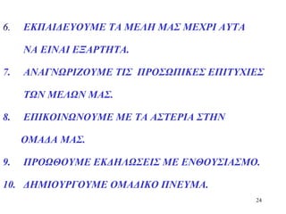 24
6. ΕΚΠΑΙΔΕΥΟΥΜΕ ΤΑ ΜΕΛΗ ΜΑΣ ΜΕΧΡΙ ΑΥΤA
ΝΑ ΕΙΝΑΙ ΕΞΑΡΤΗΤΑ.
7. ΑΝΑΓΝΩΡΙΖΟΥΜΕ ΤΙΣ ΠΡΟΣΩΠΙΚΕΣ ΕΠΙΤΥΧΙΕΣ
ΤΩΝ ΜΕΛΩΝ ΜΑΣ.
8. ΕΠΙΚΟΙΝΩΝΟΥΜΕ ΜΕ ΤΑ ΑΣΤΕΡΙΑ ΣΤΗΝ
ΟΜΑΔΑ ΜΑΣ.
9. ΠΡΟΩΘΟΥΜΕ ΕΚΔΗΛΩΣΕΙΣ ΜΕ ΕΝΘΟΥΣΙΑΣΜΟ.
10. ΔΗΜΙΟΥΡΓΟΥΜΕ ΟΜΑΔΙΚΟ ΠΝΕΥΜΑ.
 