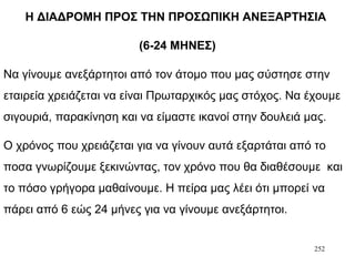 252
Η ΔΙΑΔΡΟΜΗ ΠΡΟΣ ΤΗΝ ΠΡΟΣΩΠΙΚΗ ΑΝΕΞΑΡΤΗΣΙΑ
(6-24 ΜΗΝΕΣ)
Να γίνουμε ανεξάρτητοι από τον άτομο που μας σύστησε στην
εταιρεία χρειάζεται να είναι Πρωταρχικός μας στόχος. Να έχουμε
σιγουριά, παρακίνηση και να είμαστε ικανοί στην δουλειά μας.
Ο χρόνος που χρειάζεται για να γίνουν αυτά εξαρτάται από το
ποσα γνωρίζουμε ξεκινώντας, τον χρόνο που θα διαθέσουμε και
το πόσο γρήγορα μαθαίνουμε. Η πείρα μας λέει ότι μπορεί να
πάρει από 6 εώς 24 μήνες για να γίνουμε ανεξάρτητοι.
 
