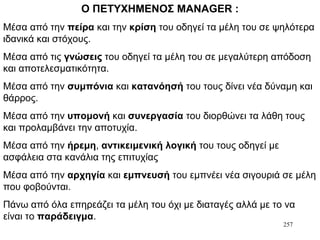 257
Ο ΠΕΤΥΧΗΜΕΝΟΣ MANAGER :
Μέσα από την πείρα και την κρίση του οδηγεί τα μέλη του σε ψηλότερα
ιδανικά και στόχους.
Μέσα από τις γνώσεις του οδηγεί τα μέλη του σε μεγαλύτερη απόδοση
και αποτελεσματικότητα.
Μέσα από την συμπόνια και κατανόησή του τους δίνει νέα δύναμη και
θάρρος.
Μέσα από την υπομονή και συνεργασία του διορθώνει τα λάθη τους
και προλαμβάνει την αποτυχία.
Μέσα από την ήρεμη, αντικειμενική λογική του τους οδηγεί με
ασφάλεια στα κανάλια της επιτυχίας
Μέσα από την αρχηγία και εμπνευσή του εμπνέει νέα σιγουριά σε μέλη
που φοβούνται.
Πάνω από όλα επηρεάζει τα μέλη του όχι με διαταγές αλλά με το να
είναι το παράδειγμα.
 