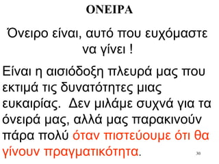30
ΟΝΕΙΡΑ
Όνειρο είναι, αυτό που ευχόμαστε
να γίνει !
Είναι η αισιόδοξη πλευρά μας που
εκτιμά τις δυνατότητες μιας
ευκαιρίας. Δεν μιλάμε συχνά για τα
όνειρά μας, αλλά μας παρακινούν
πάρα πολύ όταν πιστεύουμε ότι θα
γίνουν πραγματικότητα.
 