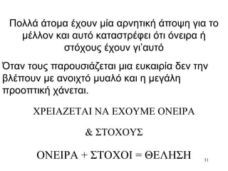 31
Πολλά άτομα έχουν μία αρνητική άποψη για το
μέλλον και αυτό καταστρέφει ότι όνειρα ή
στόχους έχουν γι’αυτό
Όταν τους παρουσιάζεται μια ευκαιρία δεν την
βλέπουν με ανοιχτό μυαλό και η μεγάλη
προοπτική χάνεται.
ΧΡΕΙΑΖΕΤΑΙ ΝΑ ΕΧΟΥΜΕ ΟΝΕΙΡΑ
& ΣΤΟΧΟΥΣ.
ΟΝΕΙΡΑ + ΣΤΟΧΟΙ = ΘΕΛΗΣΗ
 