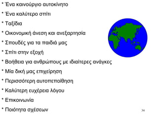 34
* Ένα καινούργιο αυτοκίνητο
* Ένα καλύτερο σπίτι
* Ταξίδια
* Οικονομική άνεση και ανεξαρτησία
* Σπουδές για τα παιδιά μας
* Σπίτι στην εξοχή
* Βοήθεια για ανθρώπους με ιδιαίτερες ανάγκες
* Μία δική μας επιχείρηση
* Περισσότερη αυτοπεποίθηση
* Καλύτερη ευχέρεια λόγου
* Επικοινωνία
* Ποιότητα σχέσεων
 