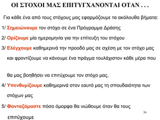 36
ΟΙ ΣΤΟΧΟΙ ΜΑΣ ΕΠΙΤΥΓΧΑΝΟΝΤΑΙ ΟΤΑΝ . . .
Για κάθε ένα από τους στόχους μας εφαρμόζουμε τα ακόλουθα βήματα:
1/ Σημειώνουμε τον στόχο σε ένα Πρόγραμμα Δράσης
2/ Ορίζουμε μία ημερομηνία για την επίτευξη του στόχου
3/ Ελέγχουμε καθημερινά την προοδό μας σε σχέση με τον στόχο μας
και φροντίζουμε να κάνουμε ένα πράγμα τουλάχιστον κάθε μέρα που
θα μας βοηθήσει να επιτύχουμε τον στόχο μας.
4/ Υπενθυμίζουμε καθημερινά στον εαυτό μας τη σπουδαιότητα των
στόχων μας
5/ Φανταζόμαστε πόσο όμορφα θα νιώθουμε όταν θα τους
επιτύχουμε
 