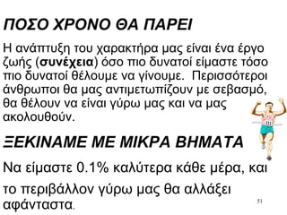 51
ΠΟΣΟ ΧΡΟΝΟ ΘΑ ΠΑΡΕΙ
Η ανάπτυξη του χαρακτήρα μας είναι ένα έργο
ζωής (συνέχεια) όσο πιο δυνατοί είμαστε τόσο
πιο δυνατοί θέλουμε να γίνουμε. Περισσότεροι
άνθρωποι θα μας αντιμετωπίζουν με σεβασμό,
θα θέλουν να είναι γύρω μας και να μας
ακολουθούν.
ΞΕΚΙΝΑΜΕ ΜΕ ΜΙΚΡΑ ΒΗΜΑΤΑ
Να είμαστε 0.1% καλύτερα κάθε μέρα, και
το περιβάλλον γύρω μας θα αλλάξει
αφάνταστα.
 