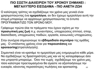 69
ΠΙΟ ΣΩΣΤΗ ΔΙΑΧΕΙΡΙΣΗ ΤΟΥ ΧΡΟΝΟΥ ΣΗΜΑΝΕΙ :
ΜΕΓΑΛΥΤΕΡΟ ΕΙΣΟΔΗΜΑ - ΠΙΟ ΑΝΕΤΗ ΖΩΗ
Ο καλύτερος τρόπος να σχεδιάζουμε τον χρόνο μας γενικά είναι
χρησιμοποιώντας ένα ημερολόγιο, αν δεν έχουμε ημερολόγιο αυτή την
στιγμή μπορούμε να αρχίσουμε χρησιμοποιώντας το έντυπο
ΠΡΟΓΡΑΜΜΑΤΙΖΩ ΤΟΝ ΧΡΟΝΟ ΜΟΥ.
Γράφουμε πρώτα όλα τα πράγματα που έχουν σχέση με την
προσωπική μας ζωή π.χ. συναντήσεις, υποχρεώσεις σπιτιού, σπορ,
διασκέδαση, υποχρεώσεις παιδιών, εργασία, κοινωνικές υποχρεώσεις.
Στην συνέχεια σημειώνουμε το εβδομαδιαίο σεμινάριο της ομάδας
μας. Ο υπόλοιπος χρόνος είναι για παρουσιάσεις και
sponsoring(στρατολόγηση).
Σημαντικό είναι να κρατάμε το ημερολόγιο μας ενημερωμένο κάθε μέρα.
Να σχεδιάζουμε τις δραστηριότητές μας και να τις καταγράφουμε όσο
πιο μπροστά μπορούμε. Όσο πιο νωρίς σχεδιάζουμε τον χρόνο μας,
τόσο καλύτερα προετοιμασμένοι θα είμαστε να αξιοποιήσουμε την
ευκαιρία, κάνοντας περισσότερες πωλήσεις και sponsoring.
 
