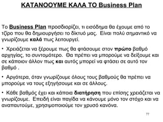 77
ΚΑΤΑΝΟΟΥΜΕ ΚΑΛΑ ΤΟ Business Plan
Το Business Plan προσδιορίζει, τι εισόδημα θα έχουμε από το
τζίρο που θα δημιουργήσει το δίκτυό μας. Είναι πολύ σημαντικό να
γνωρίζουμε καλά πως λειτουργεί.
• Χρειάζεται να ξέρουμε πως θα φτάσουμε στον πρώτο βαθμό
αρχηγίας, το συντομότερο. Θα πρέπει να μπορούμε να δείξουμε και
σε κάποιον άλλον πως και αυτός μπορεί να φτάσει σε αυτό τον
βαθμό .
• Αργότερα, όταν γνωρίζουμε όλους τους βαθμούς θα πρέπει να
μπορούμε να τους εξηγήσουμε και σε άλλους.
• Κάθε βαθμός έχει και κάποια διατήρηση που επίσης χρειάζεται να
γνωρίζουμε. Επειδή είναι παγίδα να κάνουμε μόνο τον στόχο και να
αναπαυτούμε, χρησιμοποιούμε τον χρυσό κανόνα.
 
