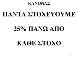 79
ΚΑΝΟΝΑΣ
ΠΑΝΤΑ ΣΤΟΧΕΥΟΥΜΕ
25% ΠΑΝΩ ΑΠΟ
ΚΑΘΕ ΣΤΟΧΟ
 