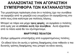 95
ΑΛΛΑΖΟΝΤΑΣ ΤΗΝ ΑΓΟΡΑΣΤΙΚΗ
ΣΥΜΠΕΡΙΦΟΡΑ ΤΩΝ ΚΑΤΑΝΑΛΩΤΩΝ
Την μεγαλύτερη πρόκληση είναι ότι ο πελάτης έχει την συνήθεια
να αγοράζει από τα μαγαζιά ενώ γνωρίζουν ότι αγοράζοντας στο
σπίτι τους είναι καλύτερα για πολλούς λόγους.
Μπορεί να πάρει και μέχρι τρεις φορές, να αγοράσει ο πελάτης
από εμάς για να σπάσει αυτή την συνήθεια. Αυτό εξαρτάται
από το πόσο καλά θα τον εξυπηρετούμε.
ΜΑΡΤΥΡΙΕΣ ΠΕΛΑΤΩΝ
Ζητάμε γράμματα υποστήριξης από ευχαριστημένους πελάτες.
Οι ειδικοί λένε ότι αυτός ο τρόπος διαφήμισης είναι πιθανόν ο πιο
δυνατός τρόπος διαφήμισης που μπορεί να κάνει κανείς.
 