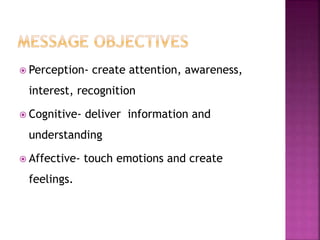  Perception- create attention, awareness,
interest, recognition
 Cognitive- deliver information and
understanding
 Affective- touch emotions and create
feelings.
 