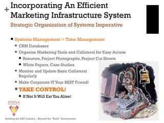 +
Incorporating An Efficient
Marketing Infrastructure System
 Systems Management = Time Management
 CRM Databases
 Organize Marketing Tools and Collateral for Easy Access
 Resumes, Project Photographs, Project Cut Sheets
 White Papers, Case Studies
 Monitor and Update Basic Collateral
Regularly
 Make Corporate IT Your BEST Friend!
 TAKE CONTROL!
 If Not It Will Eat You Alive!
Strategic Organization of Systems Imperative
Building the AEC Industry – Beyond the “Build” Environment
 
