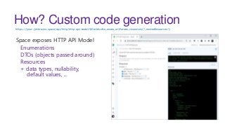 How? Custom code generation
Space exposes HTTP API Model
Enumerations
DTOs (objects passed around)
Resources
+ data types,...