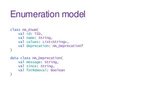 Enumeration model
class HA_Enum(
val id: TID,
val name: String,
val values: List<String>,
val deprecation: HA_Deprecation?...