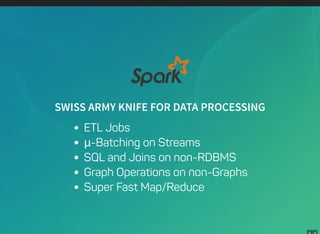 SWISS ARMY KNIFE FOR DATA PROCESSING
ETL Jobs
μ-Batching on Streams
SQL and Joins on non-RDBMS
Graph Operations on non-Graphs
Super Fast Map/Reduce
 