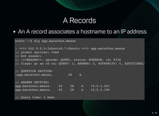5 . 10
A Records
An A record associates a hostname to an IP address
bz@cc ~/$ dig app.marathon.mesos
; <<>> DiG 9.9.5-3ubuntu0.7-Ubuntu <<>> app.marathon.mesos
;; global options: +cmd
;; Got answer:
;; ->>HEADER<<- opcode: QUERY, status: NOERROR, id: 9336
;; flags: qr aa rd ra; QUERY: 1, ANSWER: 2, AUTHORITY: 0, ADDITIONAL: 0
;; QUESTION SECTION:
;app.marathon.mesos. IN A
;; ANSWER SECTION:
app.marathon.mesos. 60 IN A 10.0.3.201
app.marathon.mesos. 60 IN A 10.0.3.199
;; Query time: 2 msec
;; SERVER: 10.0.5.98#53(10.0.5.98)
 