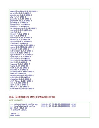 openssl-solibs-0.9.8d-i486-1
 pciutils-2.2.3-i486-2
 pcmcia-cs-3.2.8-i486-3
 php-4.4.4-i486-3
 pidentd-3.0.19-i486-1
 pkgtools-11.0.0-i486-4
 portmap-5.0-i486-3
 procmail-3.22-i486-2
 procps-3.2.7-i486-1
 reiserfsprogs-3.6.19-i486-1
 rrdtool-1.2.8-i486-1jm
 scarlet-2.0
 screen-4.0.2-i486-1
 sed-4.1.5-i486-1
 sendmail-8.13.8-i486-4
 shadow-4.0.3-i486-13
 sharutils-4.6.3-i486-1
 slocate-3.1-i486-1
 smartmontools-5.36-i486-1
 squid-2.6.STABLE1-i386-1
 stunnel-4.17-i486-1
 subversion-1.4.0-i486-1
 sudo-1.6.8p12-i486-1
 sysfsutils-2.0.0-i486-2
 sysklogd-1.4.1-i486-9
 syslinux-2.13-i486-1
 sysvinit-2.84-i486-69
 tar-1.15.1-i486-2
 tcpdump-3.9.4-i486-2
 tcpip-0.17-i486-39
 tcsh-6.14.00-i486-2
 texinfo-4.8-i486-1
 traceroute-1.4a12-i386-2
 udev-097-i486-10
 umsdos-progs-1.13-i386-1
 usbutils-0.72-i486-1
 utempter-1.1.3-i486-1
 util-linux-2.12r-i486-5
 vim-7.0.109-i486-1
 wget-1.10.2-i486-2
 whois-4.7.15-i486-1
 wireless-tools-28-i486-3




15.3. Modifications of the Configuration Files
sshd_config.diff :

 --- /etc/ssh/sshd_config.bak   2006-04-25 16:20:16.000000000 +0200
 +++ templates/sshd_config      2006-04-25 16:17:32.000000000 +0200
 @@ -11,6 +11,8 @@
  # default value.

  #Port 22
 +### dasho
 