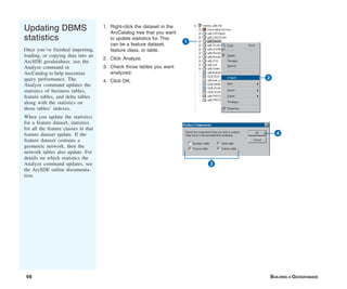 98 BUILDING A GEODATABASE
Updating DBMS
statistics
Once you’ve finished importing,
loading, or copying data into an
ArcSDE geodatabase, use the
Analyze command in
ArcCatalog to help maximize
query performance. The
Analyze command updates the
statistics of business tables,
feature tables, and delta tables
along with the statistics on
those tables’ indexes.
When you update the statistics
for a feature dataset, statistics
for all the feature classes in that
feature dataset update. If the
feature dataset contains a
geometric network, then the
network tables also update. For
details on which statistics the
Analyze command updates, see
the ArcSDE online documenta-
tion.
1. Right-click the dataset in the
ArcCatalog tree that you want
to update statistics for. This
can be a feature dataset,
feature class, or table.
2. Click Analyze.
3. Check those tables you want
analyzed.
4. Click OK.
1
2
3
4
 