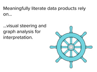 Meaningfully literate data products rely
on…
...visual steering and
graph analysis for
interpretation.
 