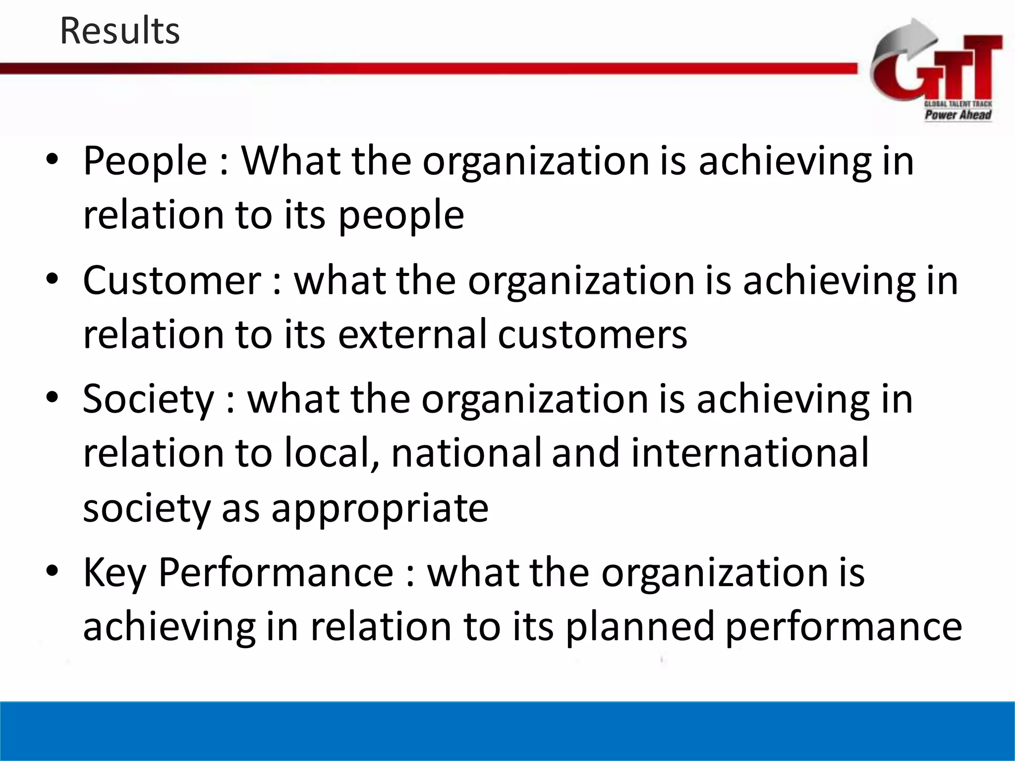 Results


• People : What the organization is achieving in
  relation to its people
• Customer : what the organization is achieving in
  relation to its external customers
• Society : what the organization is achieving in
  relation to local, national and international
  society as appropriate
• Key Performance : what the organization is
  achieving in relation to its planned performance
 