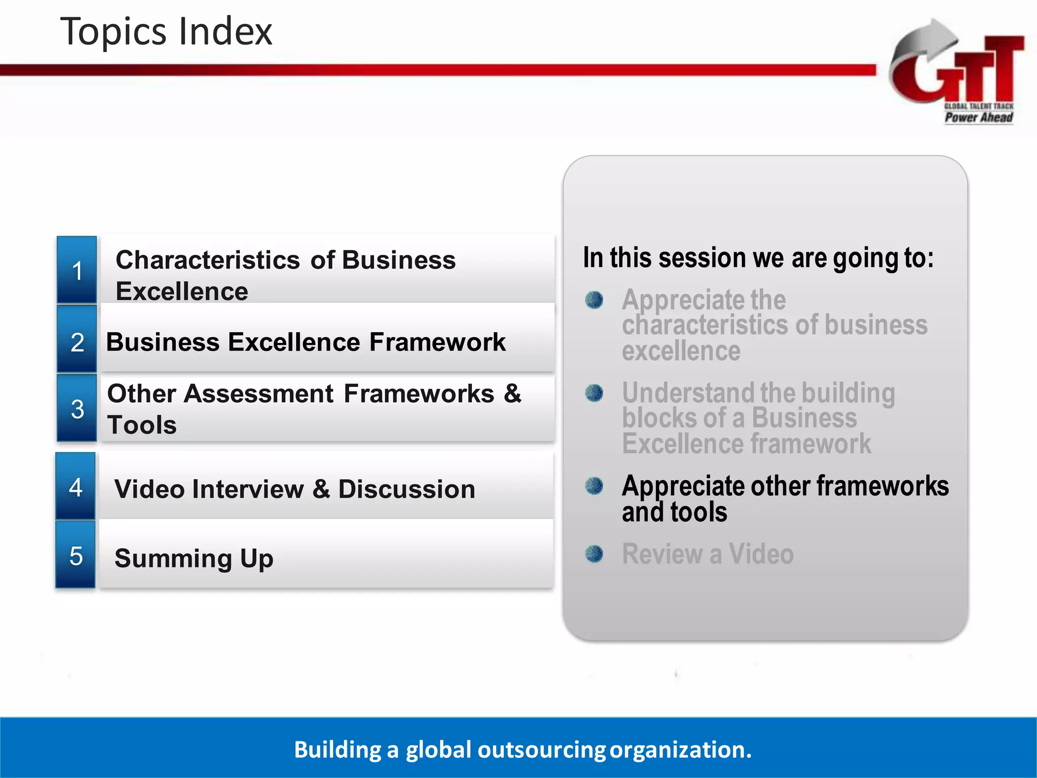 Topics Index




1   Characteristics of Business              In this session we are going to:
    Excellence                                   Appreciate the
                                                 characteristics of business
2 Business Excellence Framework                  excellence
    Other Assessment Frameworks &                Understand the building
3                                                blocks of a Business
    Tools
                                                 Excellence framework
4   Video Interview & Discussion                 Appreciate other frameworks
                                                 and tools
5   Summing Up                                   Review a Video




                  Building a global outsourcing organization.
 
