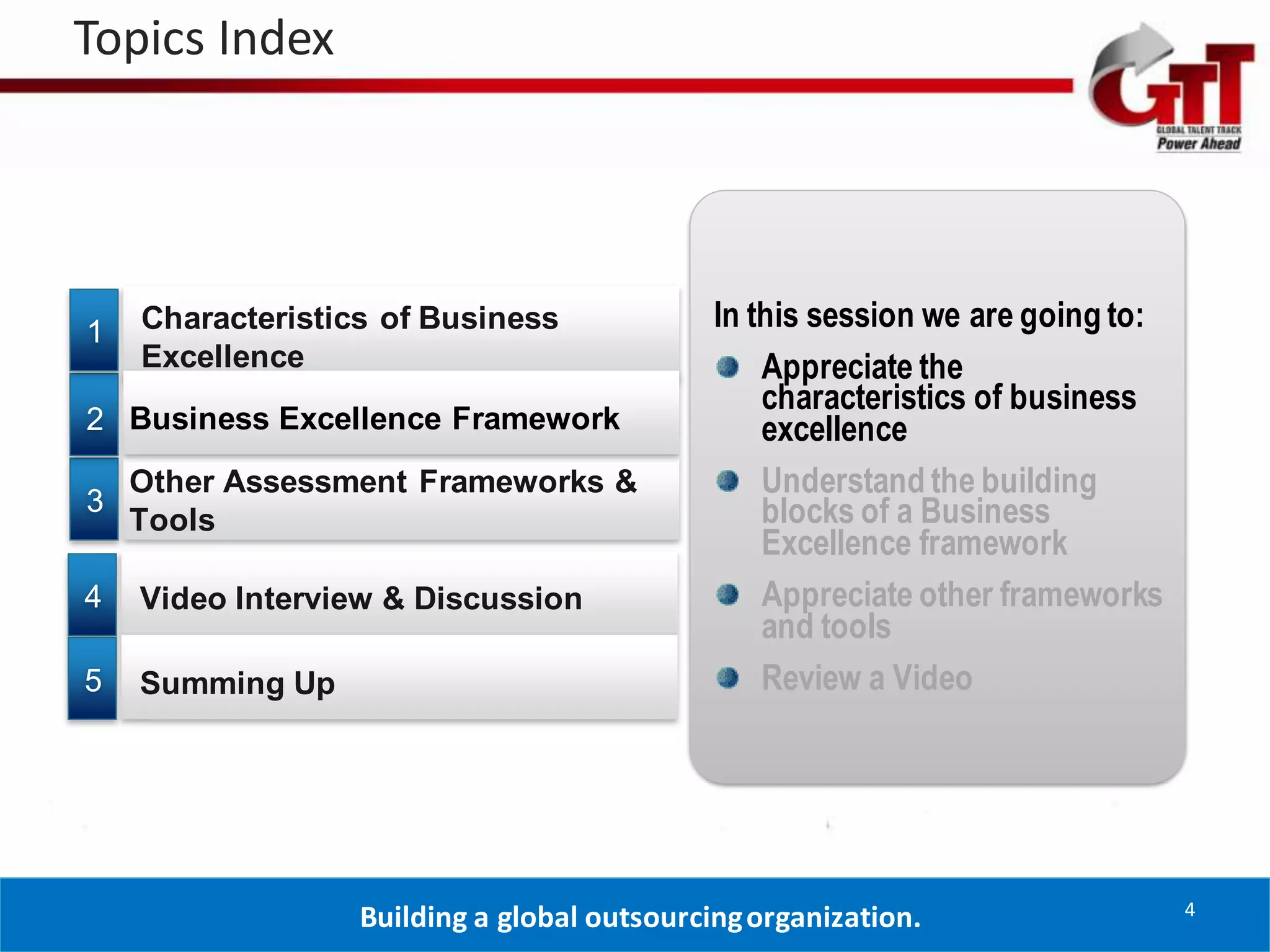 Topics Index




1   Characteristics of Business              In this session we are going to:
    Excellence                                   Appreciate the
                                                 characteristics of business
2 Business Excellence Framework                  excellence
    Other Assessment Frameworks &                Understand the building
3                                                blocks of a Business
    Tools
                                                 Excellence framework
4   Video Interview & Discussion                 Appreciate other frameworks
                                                 and tools
5   Summing Up                                   Review a Video




                                                                                4
                  Building a global outsourcing organization.
 