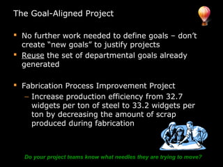 The Goal-Aligned Project
 No further work needed to define goals – don’t
create “new goals” to justify projects
 Reuse the set of departmental goals already
generated
 Fabrication Process Improvement Project
− Increase production efficiency from 32.7
widgets per ton of steel to 33.2 widgets per
ton by decreasing the amount of scrap
produced during fabrication
Do your project teams know what needles they are trying to move?
 