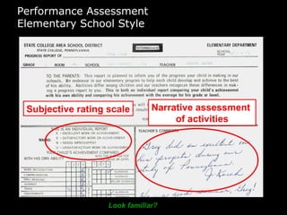 Performance Assessment
Elementary School Style
Narrative assessment
of activities
Subjective rating scale
Look familiar?
 