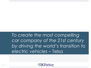 Copyright
DKParker, LLC
2020
To create the most compelling
car company of the 21st century
by driving the world’s transition to
electric vehicles – Telsa
 