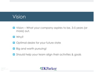 Copyright
DKParker, LLC
2020
Vision
¤ Vision – What your company aspires to be, 3-5 years (or
more) out.
¤ Why?
¤ Optimal desire for your future state
¤ Big and worth pursuing!
¤ Should help your team align their activities & goals
 