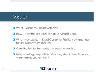 Copyright
DKParker, LLC
2020
Mission
¤ What—What you do now/today.
¤ How—How the organization does what it does.
¤ Who—Key Market – Ideal Customer Profile, now and then
future. Does where matter?
¤ Contribution to the Market, product or service.
¤ Unique selling proposition. Why they should buy from you,
what makes you distinct?
 