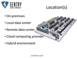 SENTRYGT.COM
Location(s)
• On-premises
• Local data center
• Remote data center
• Cloud computing provider
• Hybrid environment
 