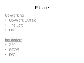 Place
Co-working
• Co-Work Buffalo
• The Loft
• D!G
Incubators
• Z80
• STOR
• D!G
 