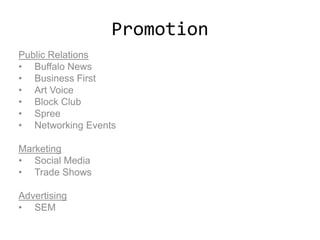 Promotion
Public Relations
• Buffalo News
• Business First
• Art Voice
• Block Club
• Spree
• Networking Events
Marketing
• Social Media
• Trade Shows
Advertising
• SEM
 