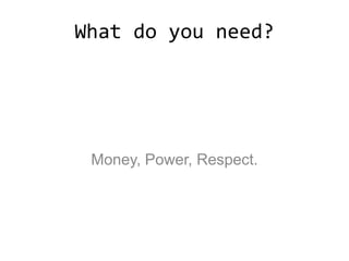 What do you need?
Money, Power, Respect.
 
