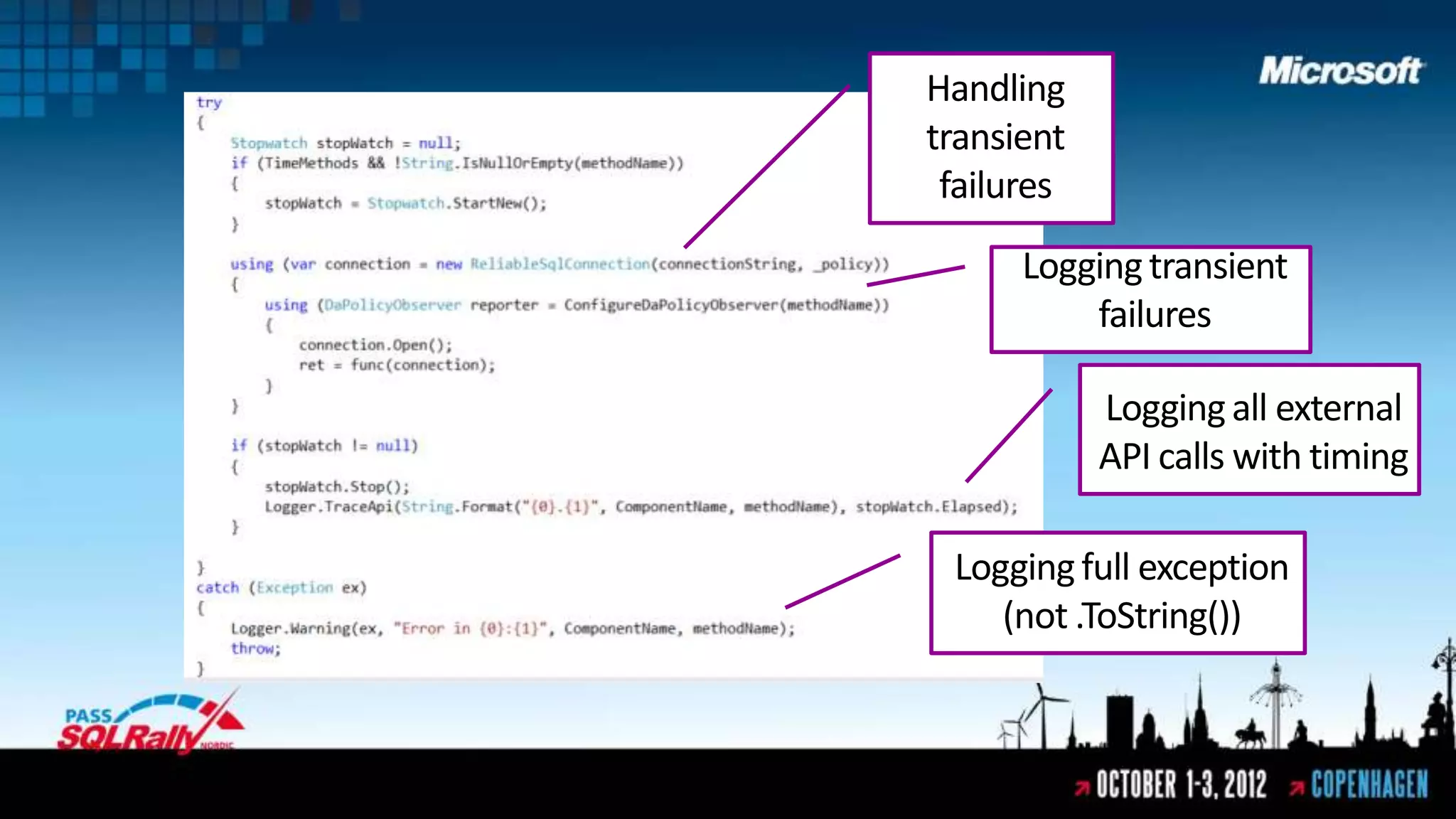 Handling
transient
 failures
      Logging transient
          failures

            Logging all external
            API calls with timing

 Logging full exception
    (not .ToString())
 