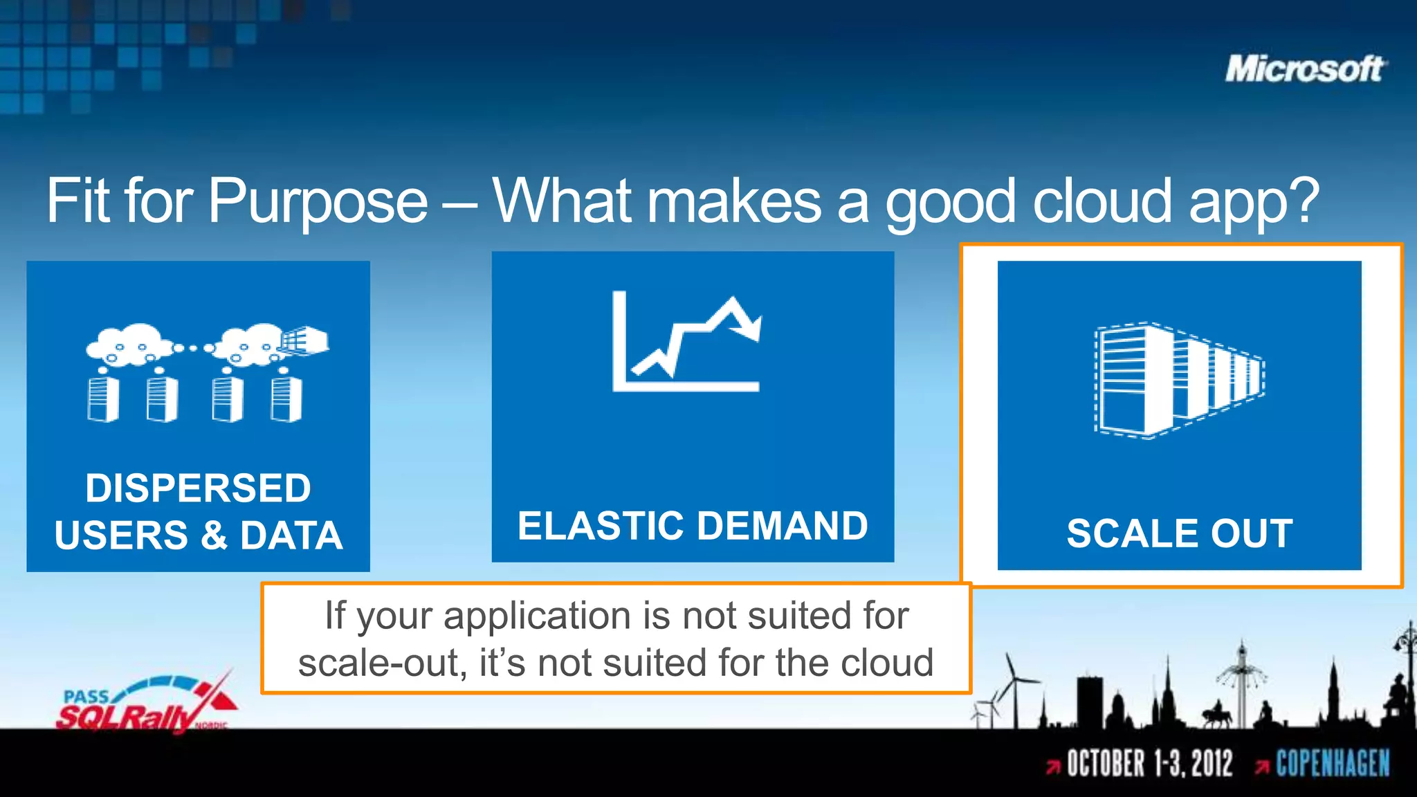 Fit for Purpose – What makes a good cloud app?



 DISPERSED
USERS & DATA    ELASTIC DEMAND      SCALE OUT
 