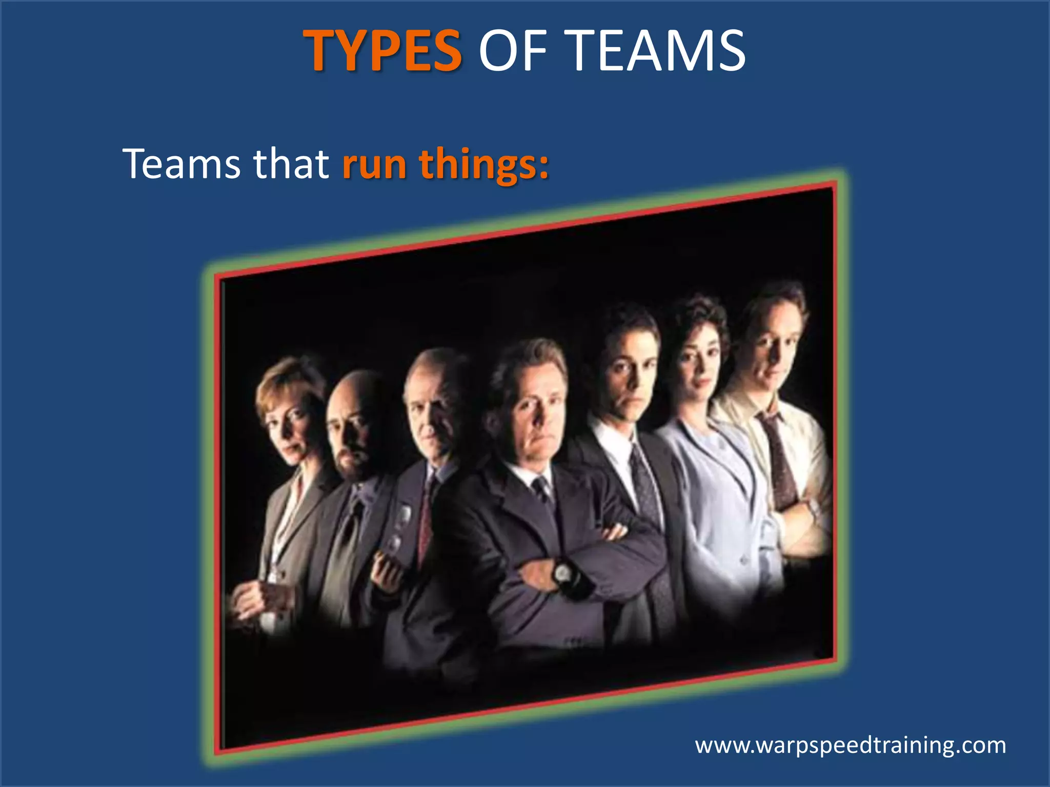 www.warpspeedtraining.com
Teams that run things:
TYPES OF TEAMS
 
