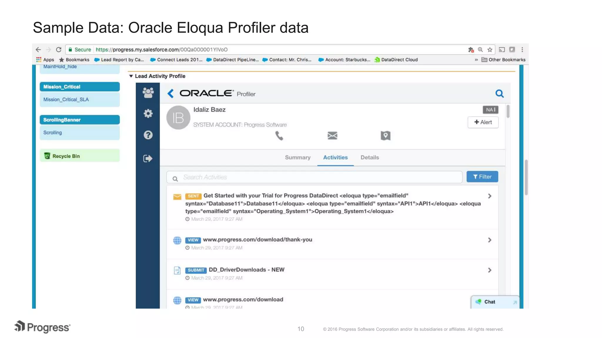 © 2016 Progress Software Corporation and/or its subsidiaries or affiliates. All rights reserved.10 Sample Data: Oracle Eloqua Profiler data 