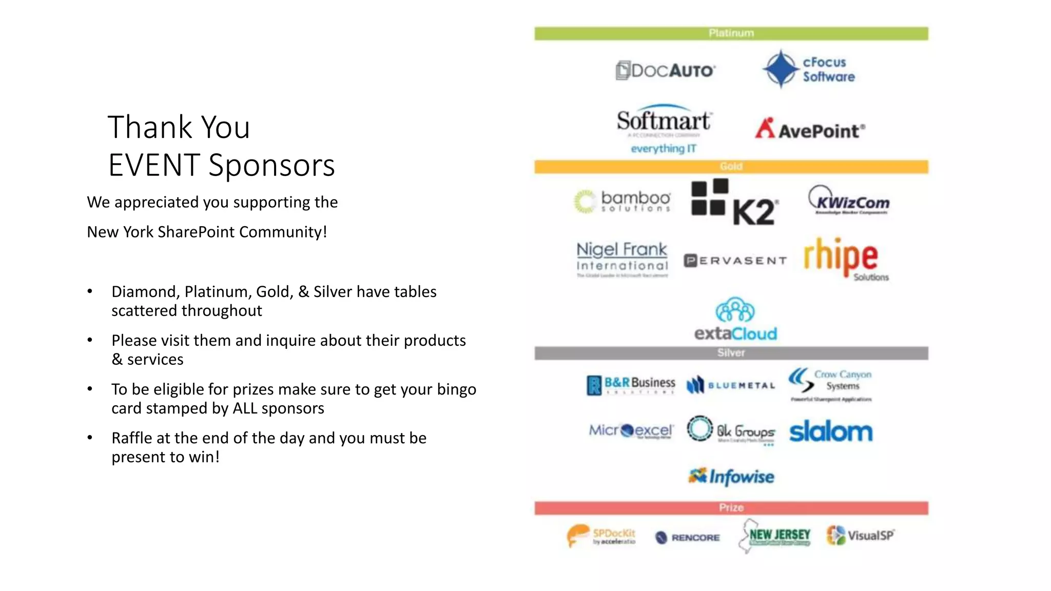 Thank You
EVENT Sponsors
We appreciated you supporting the
New York SharePoint Community!
• Diamond, Platinum, Gold, & Silver have tables
scattered throughout
• Please visit them and inquire about their products
& services
• To be eligible for prizes make sure to get your bingo
card stamped by ALL sponsors
• Raffle at the end of the day and you must be
present to win!
 