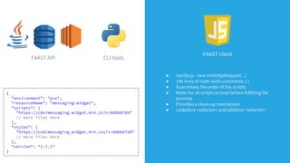 FAAST API CLI tools
FAAST client
● Vanilla js - new XmlHttpRequest(...)
● 140 lines of code (with comments :) )
● Guarantees the order of the scripts
● Waits for all scripts to load before fulfilling the
promise
● Provides a clean-up mechanism
● cssBefore <selector> and jsBefore <selector>
{
"environment": "pre",
"resourceName": "messaging-widget",
"scripts": [
"https://cdn/messaging.widget.min.js?v=0dbb87d9"
// more files here
],
"styles": [
"https://cnd/messaging.widget.min.css?v=0dbb87d9"
// more files here
],
"version": "1.7.1"
}
 