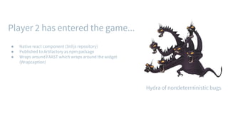 Player 2 has entered the game...
● Native react component (3rd js repository)
● Published to Artifactory as npm package
● Wraps around FAAST which wraps around the widget
(Wrapception)
Hydra of nondeterministic bugs
 