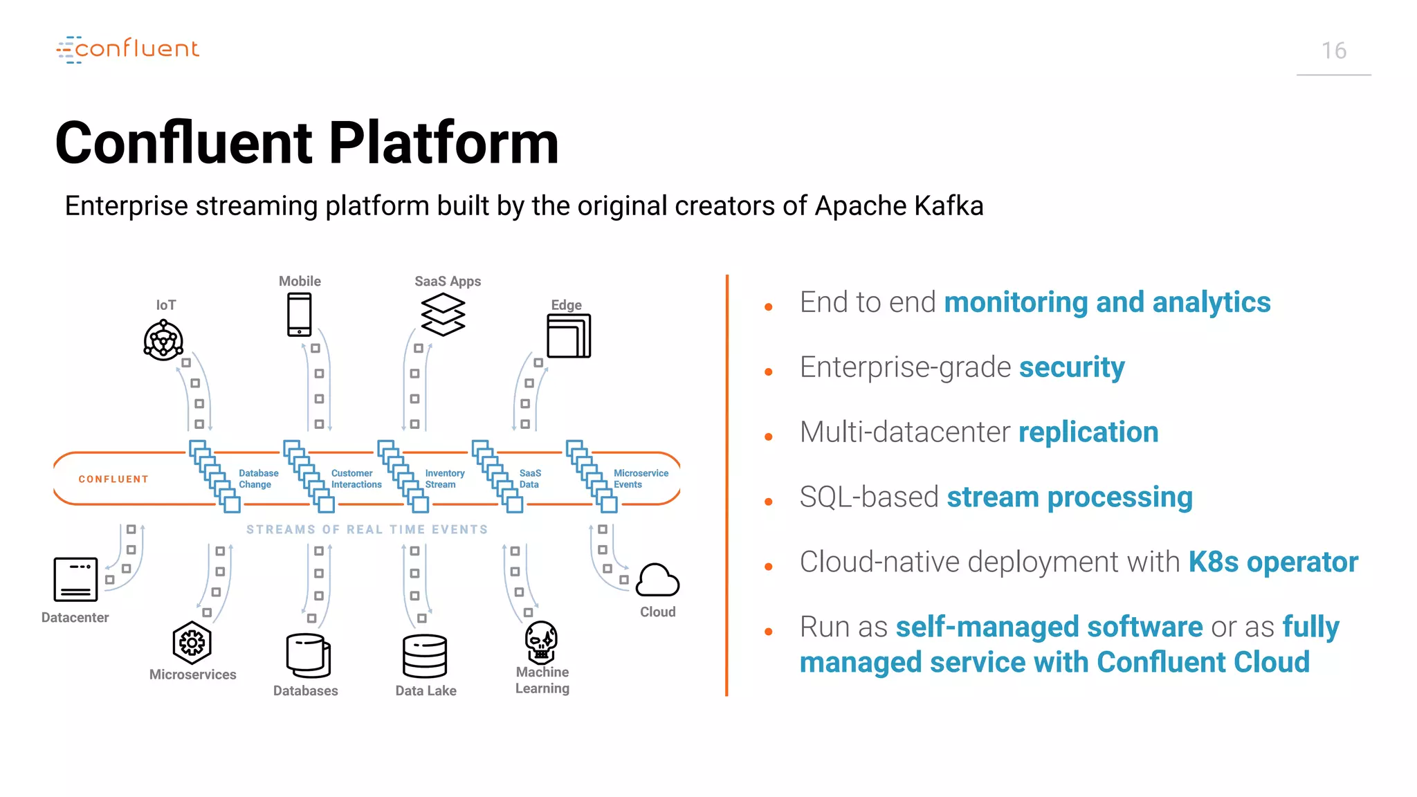 16 ● End to end monitoring and analytics ● Enterprise-grade security ● Multi-datacenter replication ● SQL-based stream processing ● Cloud-native deployment with K8s operator ● Run as self-managed software or as fully managed service with Conﬂuent Cloud Enterprise streaming platform built by the original creators of Apache Kafka Edge Cloud Data LakeDatabases Datacenter IoT SaaS AppsMobile Microservices Machine Learning Conﬂuent Platform 