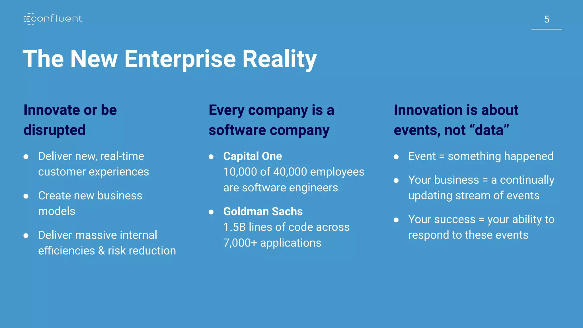55 The New Enterprise Reality Innovate or be disrupted ● Deliver new, real-time customer experiences ● Create new business models ● Deliver massive internal eﬃciencies & risk reduction Every company is a software company ● Capital One 10,000 of 40,000 employees are software engineers ● Goldman Sachs 1.5B lines of code across 7,000+ applications Innovation is about events, not “data” ● Event = something happened ● Your business = a continually updating stream of events ● Your success = your ability to respond to these events 
