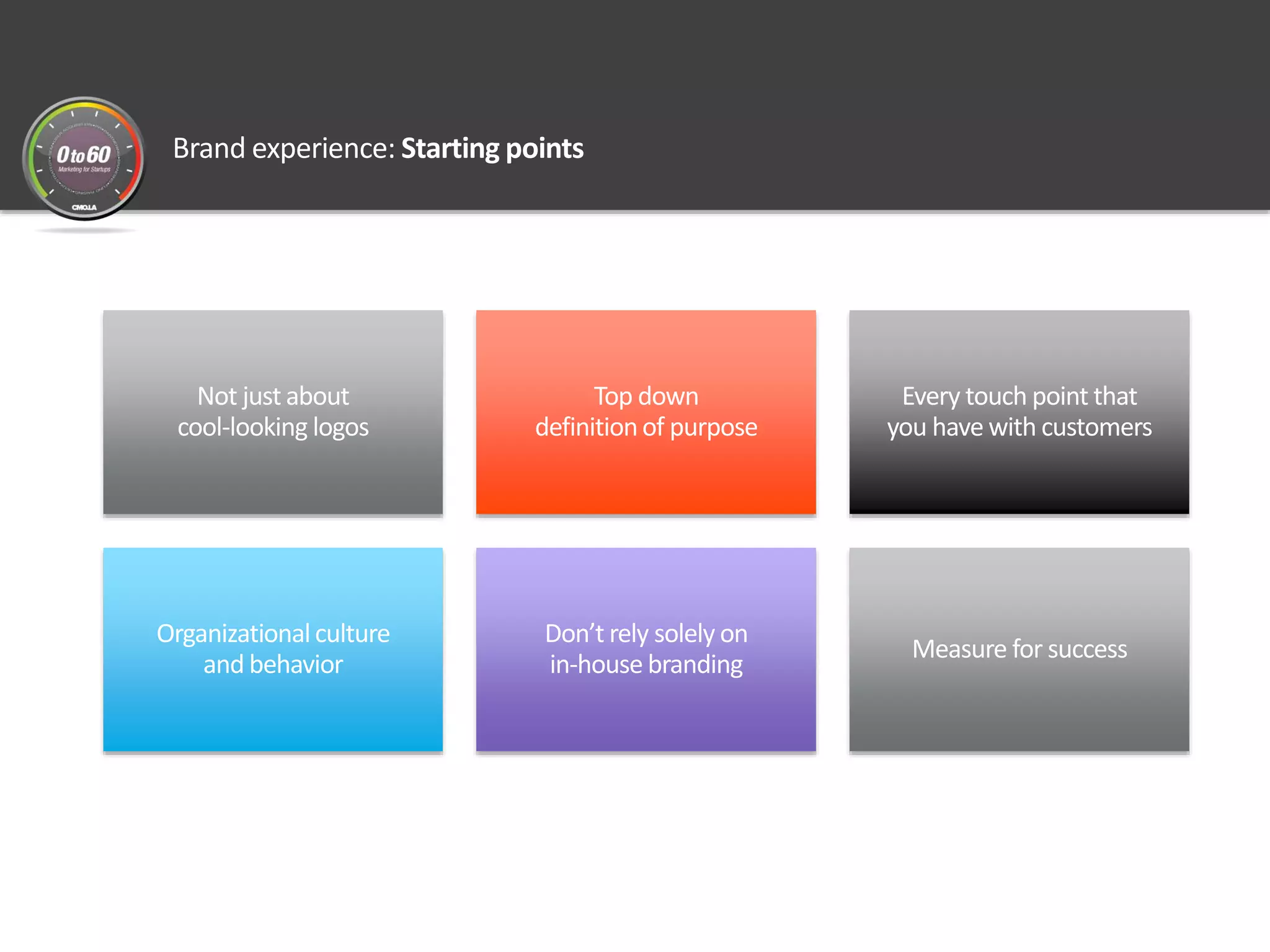 Brand experience: Starting points
Not just about
cool-looking logos
Top down
definitionof purpose
Every touch point that
you have with customers
Organizationalculture
and behavior
Don’t rely solely on
in-house branding
Measure for success
 