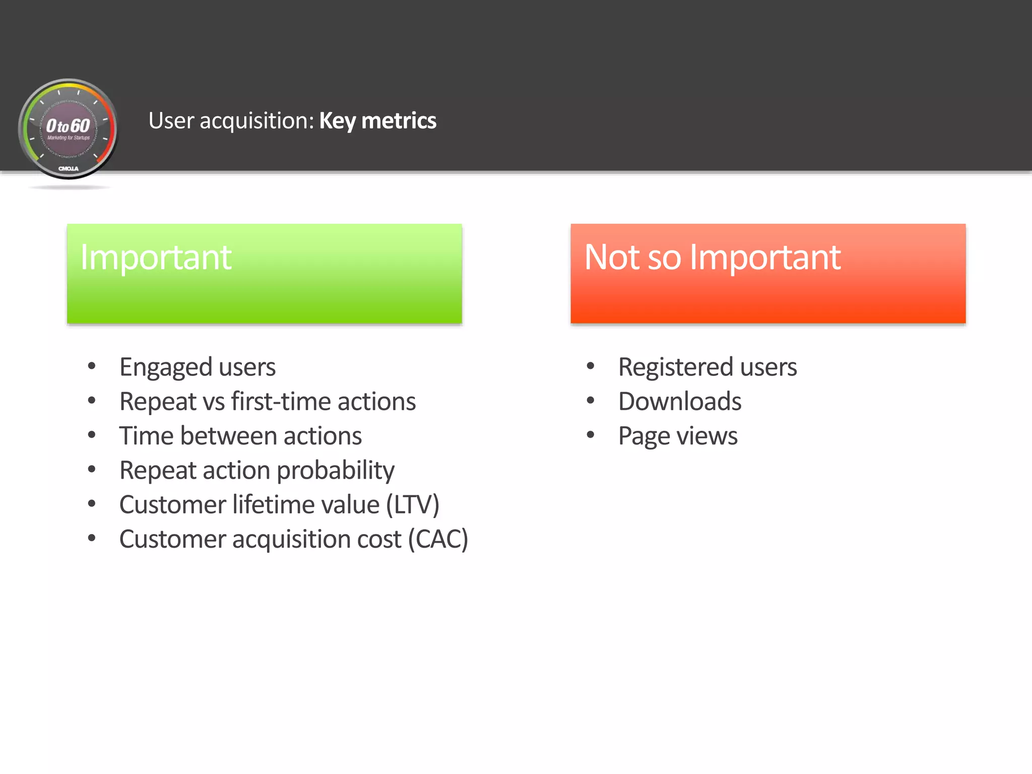 User acquisition: Key metrics
Important
• Engaged users
• Repeat vs first-time actions
• Time between actions
• Repeat action probability
• Customer lifetime value (LTV)
• Customer acquisition cost (CAC)
Not so Important
• Registered users
• Downloads
• Page views
 