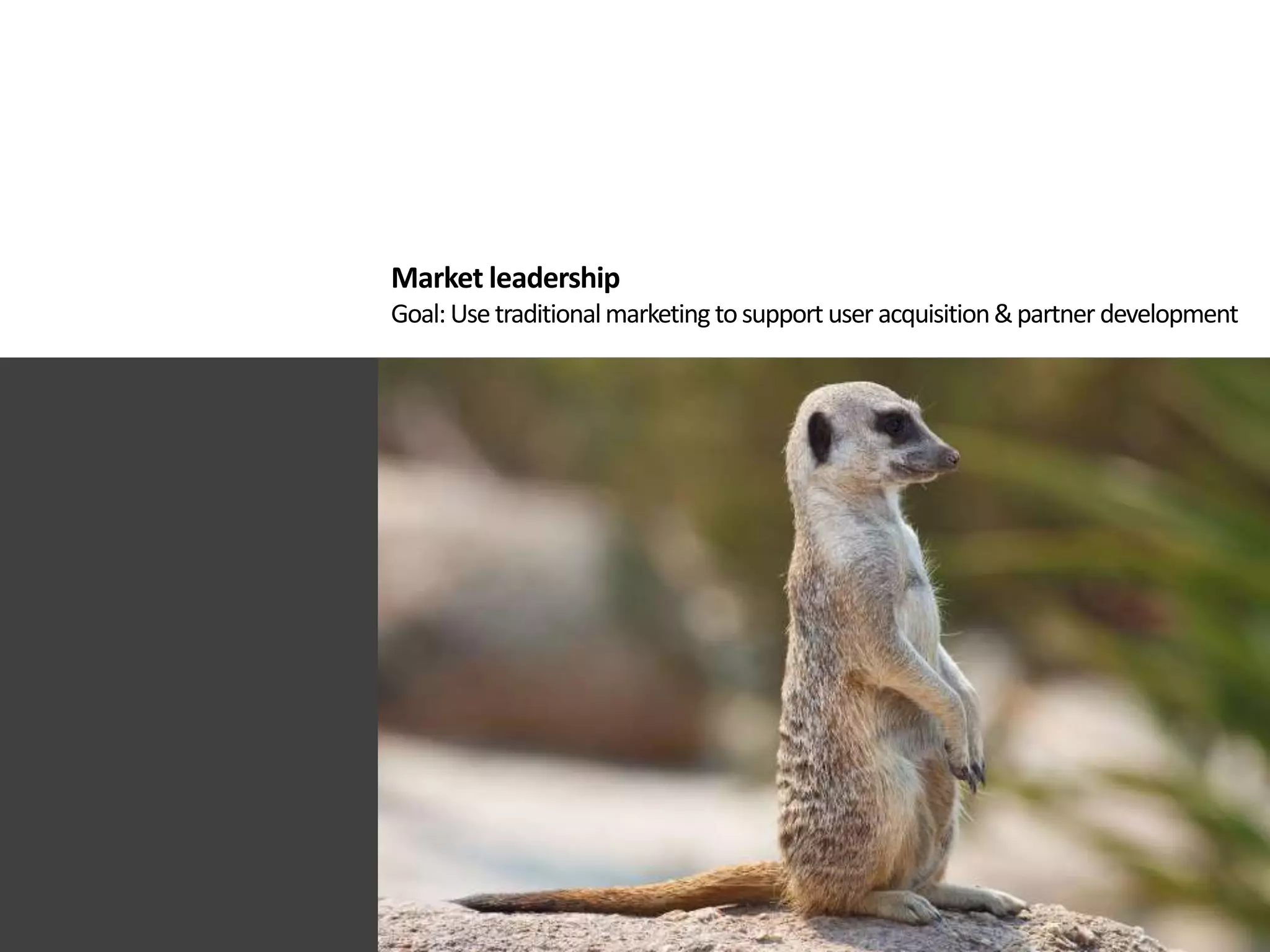 Market leadership
Goal:Usetraditionalmarketing tosupport user acquisition&partner development
 