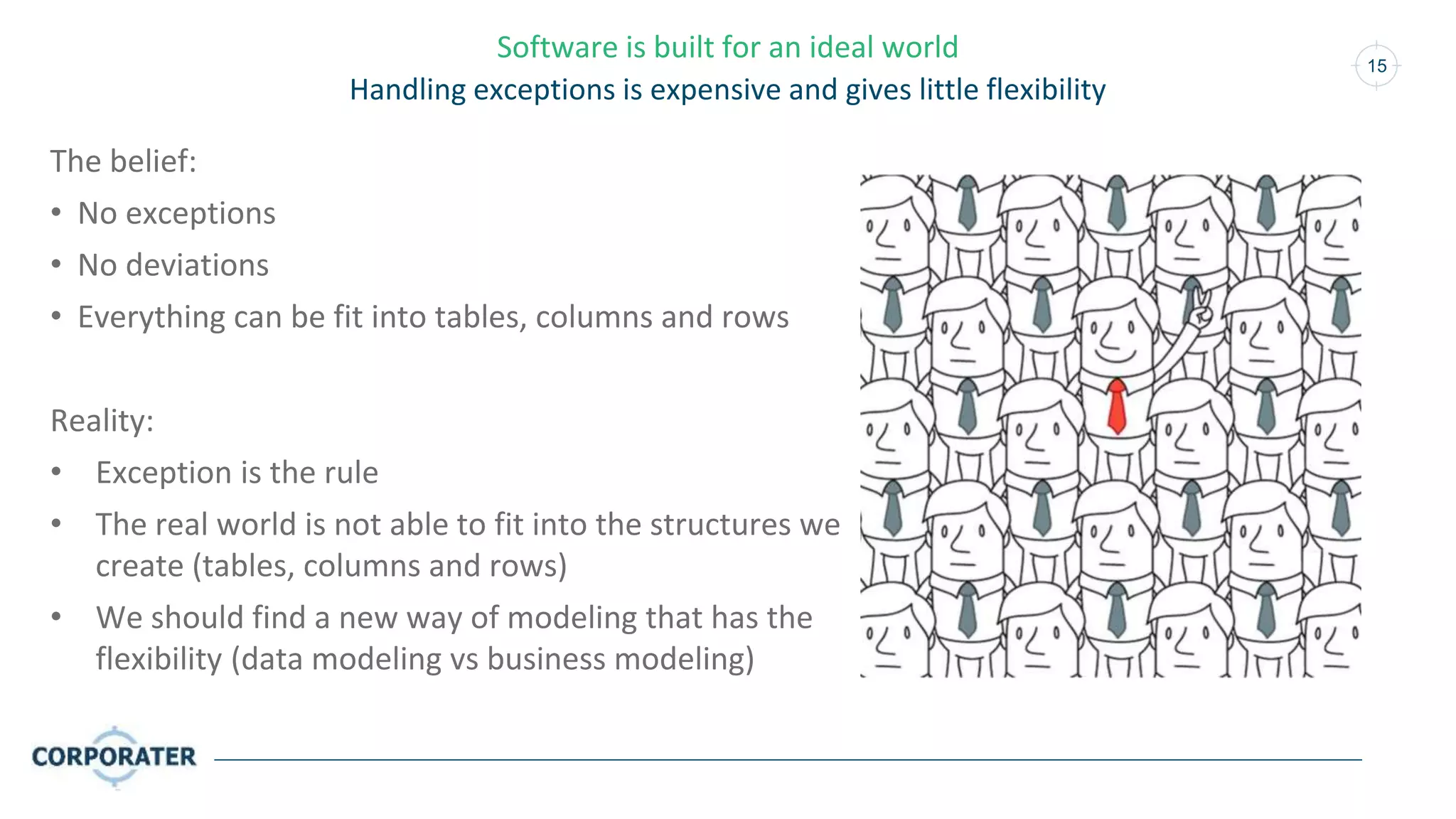 15
Software is built for an ideal world
Handling exceptions is expensive and gives little flexibility
The belief:
• No exceptions
• No deviations
• Everything can be fit into tables, columns and rows
Reality:
• Exception is the rule
• The real world is not able to fit into the structures we
create (tables, columns and rows)
• We should find a new way of modeling that has the
flexibility (data modeling vs business modeling)
 