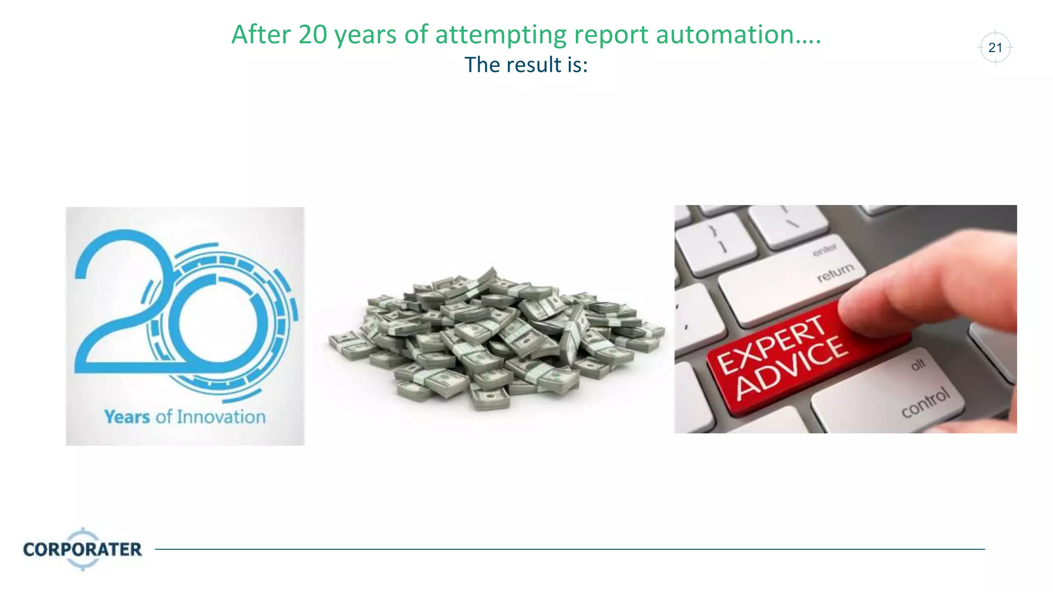 21
After 20 years of attempting report automation….
The result is:
 