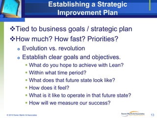 Establishing a Strategic
Improvement Plan
Tied to business goals / strategic plan
How much? How fast? Priorities?




Evolution vs. revolution
Establish clear goals and objectives.
 What do you hope to achieve with Lean?
 Within what time period?
 What does that future state look like?
 How does it feel?
 What is it like to operate in that future state?
 How will we measure our success?

© 2010 Karen Martin & Associates

13

 